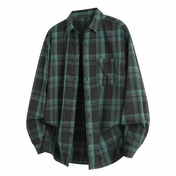 Blusa y camisa de manga larga con cuello vuelto para hombre, blusa informal a cuadros a la moda con botones y cuello vuelto, blusa de poliéster para hombre