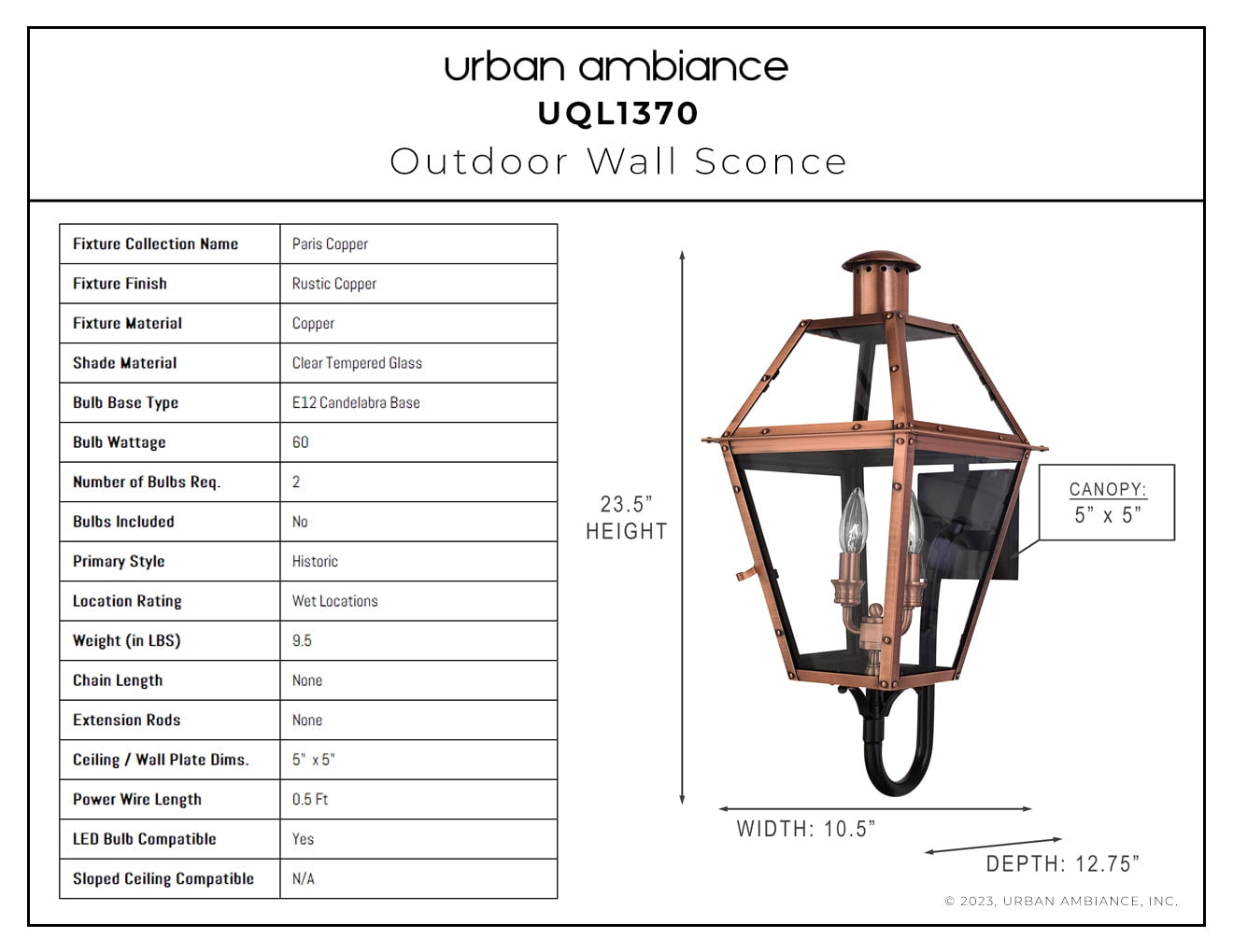 Luxury Rustic Wall Sconce, Large Size: 23.5H x 10.5"W, with Tudor Style Elements, Rustic Copper Finish, UQL1370 from the Paris Collection by Urban Ambiance