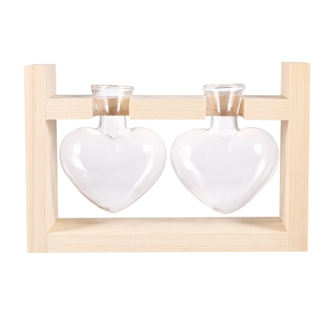 CIMAXIC 2Pcs Heart Shape Glass Vases Hydroponics Planter Green Plant Container Flower Arrangement with Wooden Rack (Log Color),7.68"X2.36"X5.12"