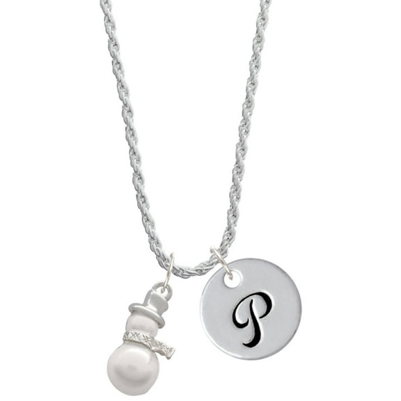 Delight Jewelry Silvertone Imitation Pearl Snowman Silvertone Script Initial Disc - P - Charm Necklace, 20" 3"
