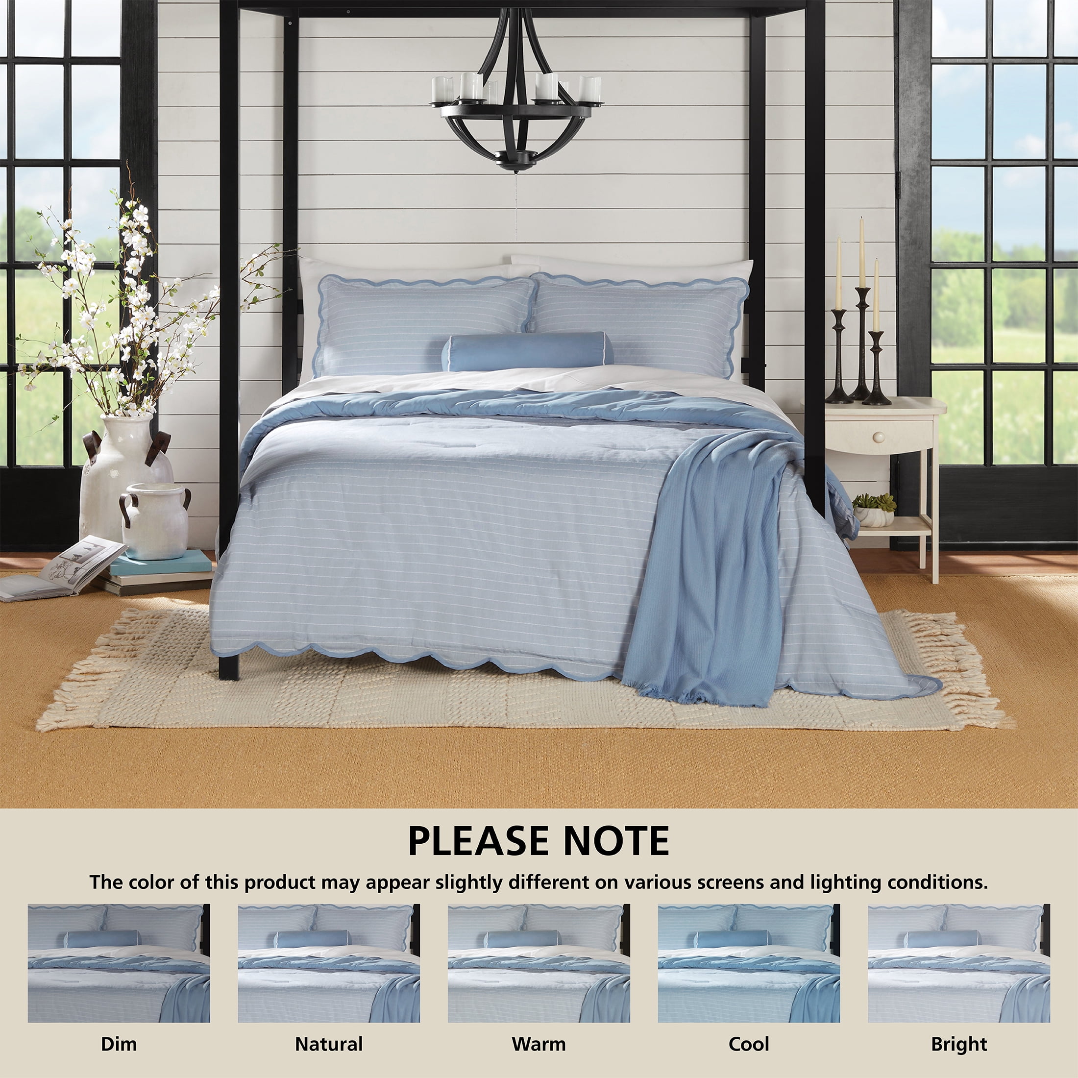Mainstays King Comforter Set, All-Season, 5-Piece, Blue Pick Stitch Scallop