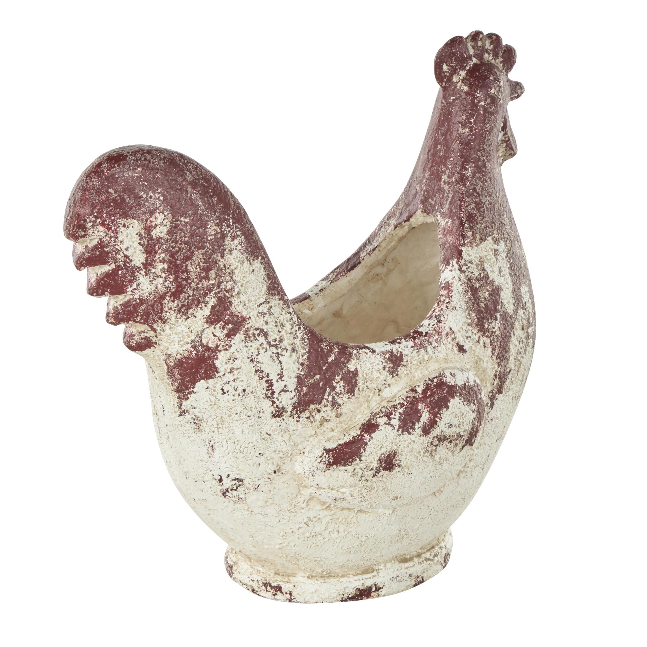 DecMode 14" x 14" White Magnesium Oxide Rooster Planter with Rust Colored Distressed Details