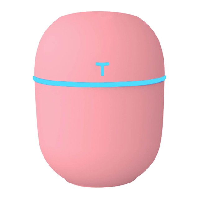 New Silent and Large Capacity Car Portable Desktop Humidifier in a compact, pink cylindrical design with a blue LED accent line. Features USB power compatibility and a size of approximately 11 x 8.8 x 8.7 cm (4.05 x 3.14 x 3.14 inches). Ideal for humidifying air in cars, desktops, or small spaces. Includes a night light function for added ambiance.