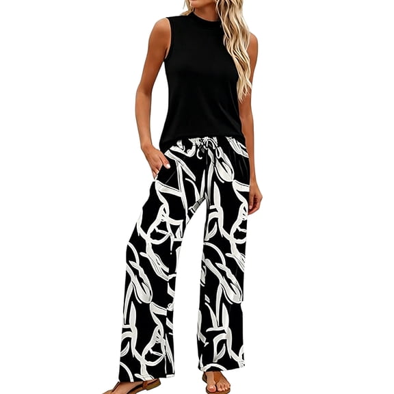 Enjoytime Womens Sets 2 Piece Outfits Sleeveless Tops with Print Wide Leg Pants Lounge Set Travel Casual Matching Clothing
