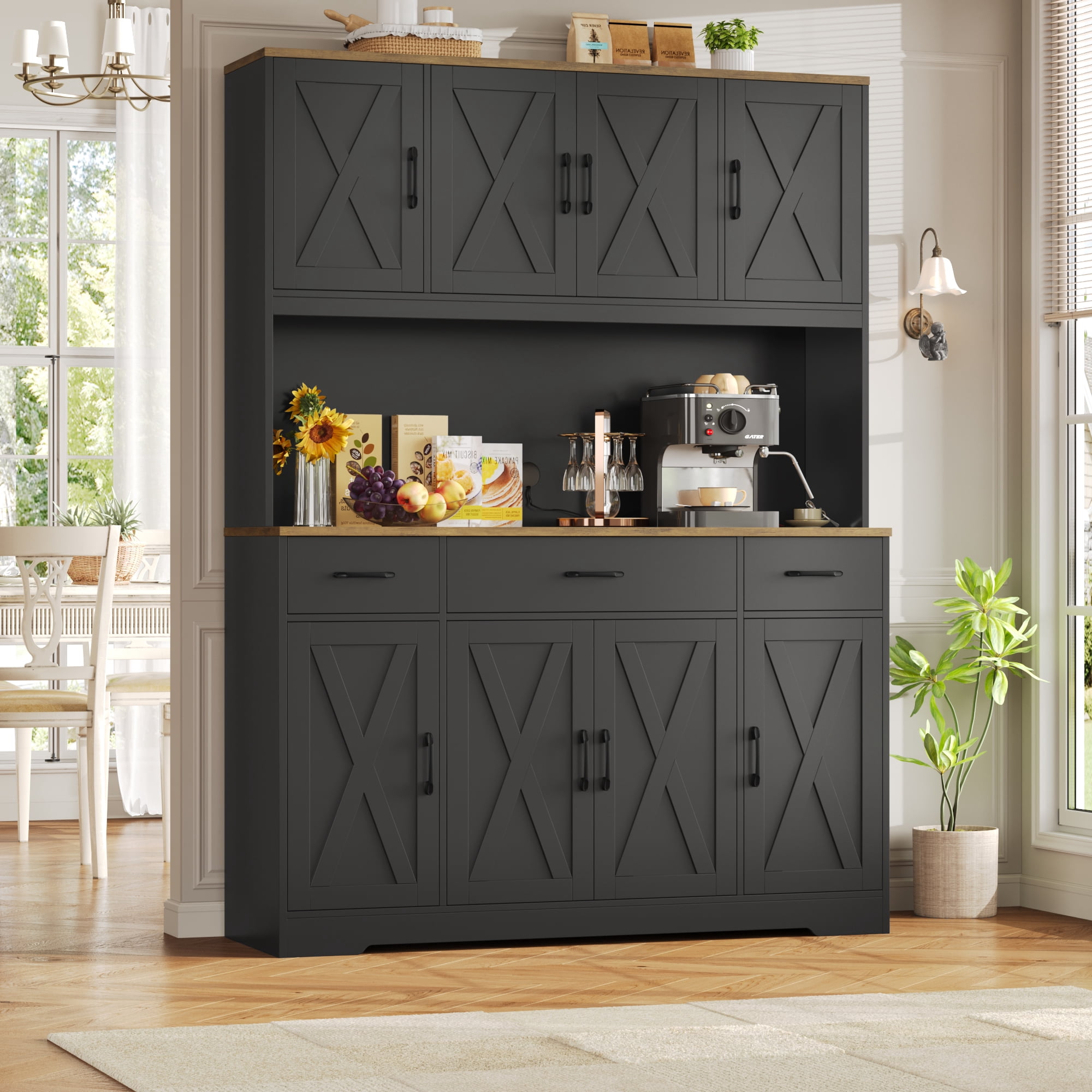 Homfa Kitchen Pantry with Hutch and Drawers, 71" Tall Storage Cabinet with 55" Wide Countertop and Built-In Power Outlet, Farmhouse Coffee Bar for Dining Room, Black & Rustic Brown