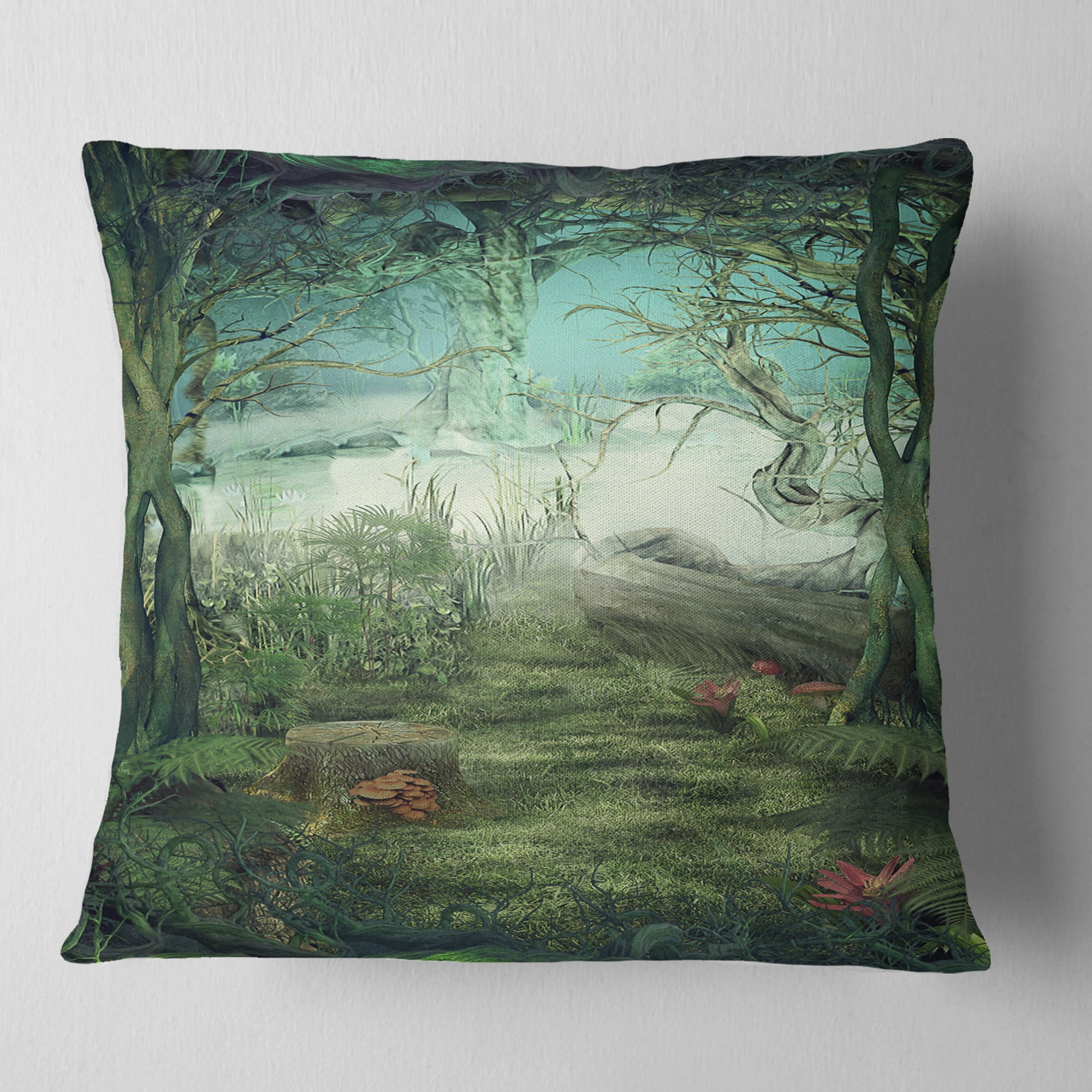 Designart Green Forest Glade - Landscape Printed Throw Pillow - 16x16