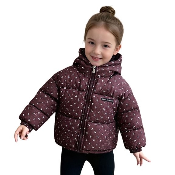 Girls Floral Jacket Quilted Lightweight Jackets Zip Up Puffer Jacket Winter Padded Hooded Jacket Casual Outerwear for Kids (Coffee)