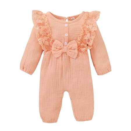 

Kucnuzki Infant Girl Clothes 18 Months Infant Girl Fall-Winter Bodysuit 24 Months Infant Girl Long Sleeve Solid Color Ruffled Lace Layer Bowknot Casual Bodysuit Pink