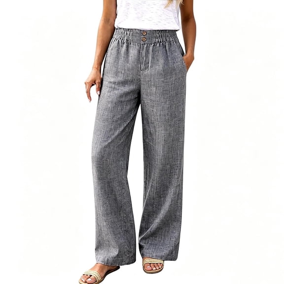 Npasoilc Linen Pocket Pants for Women Solid Color Loose Casual Long Trousers,Gray