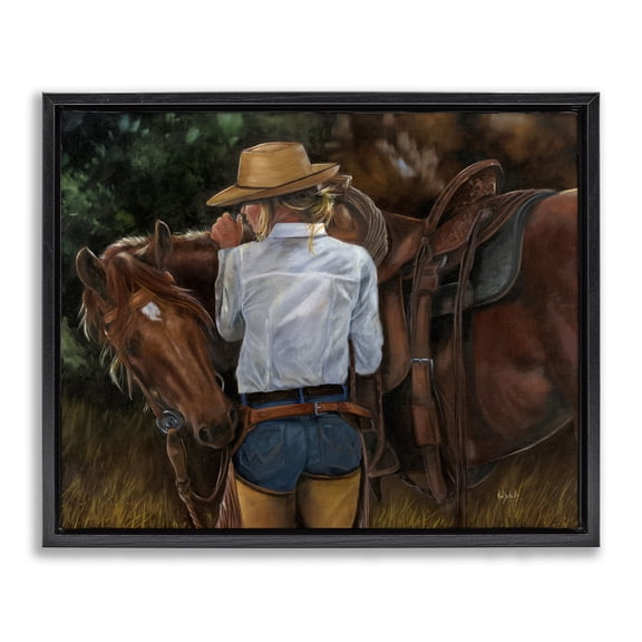 Stupell Industries Rustic Lodge Cowgirl Tending to Horse Black Floating Frame Canvas Art, 21 x 17, by Victoria Schultz