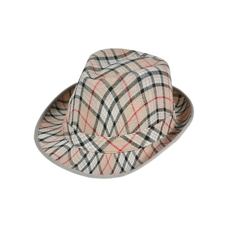 Deluxe Tan Brown Red White Plaid Pattern Gangster Costume Fashion Fedora Hat