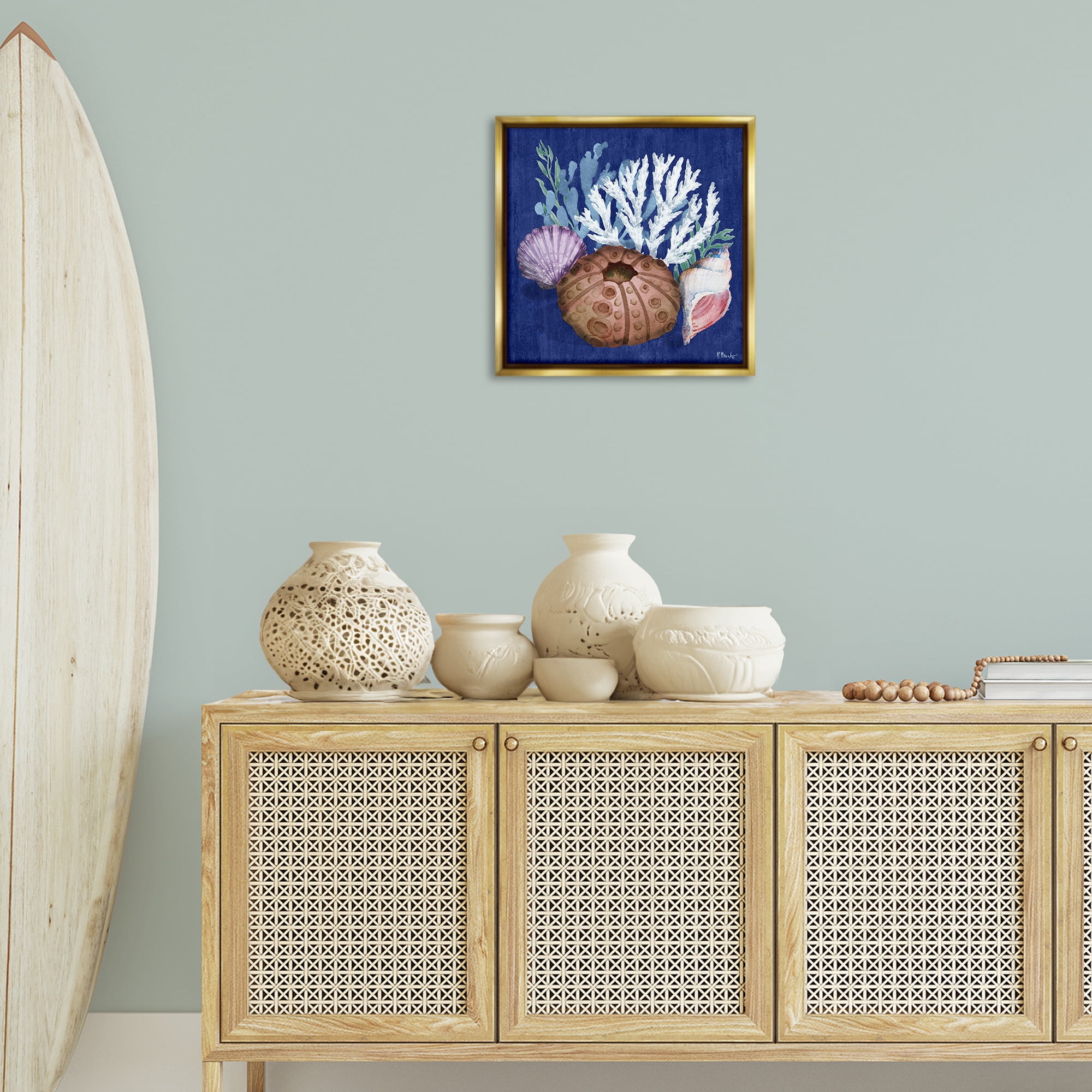 Stupell Industries Urchin & Coral Still Life Coastal Painting Gold Floater Framed Canvas Art Print Wall Art, 18 x 18