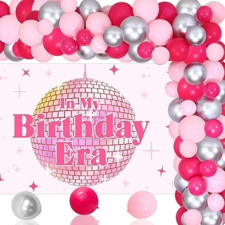 In My Birthday Era Party Decorations Pink Disco Ball Birthday Party Decor Balloon Garland Arch Kit Star Disco Ball Backdrop for Girl Women Music Themed 21st Birthday Party Decor Supplies
