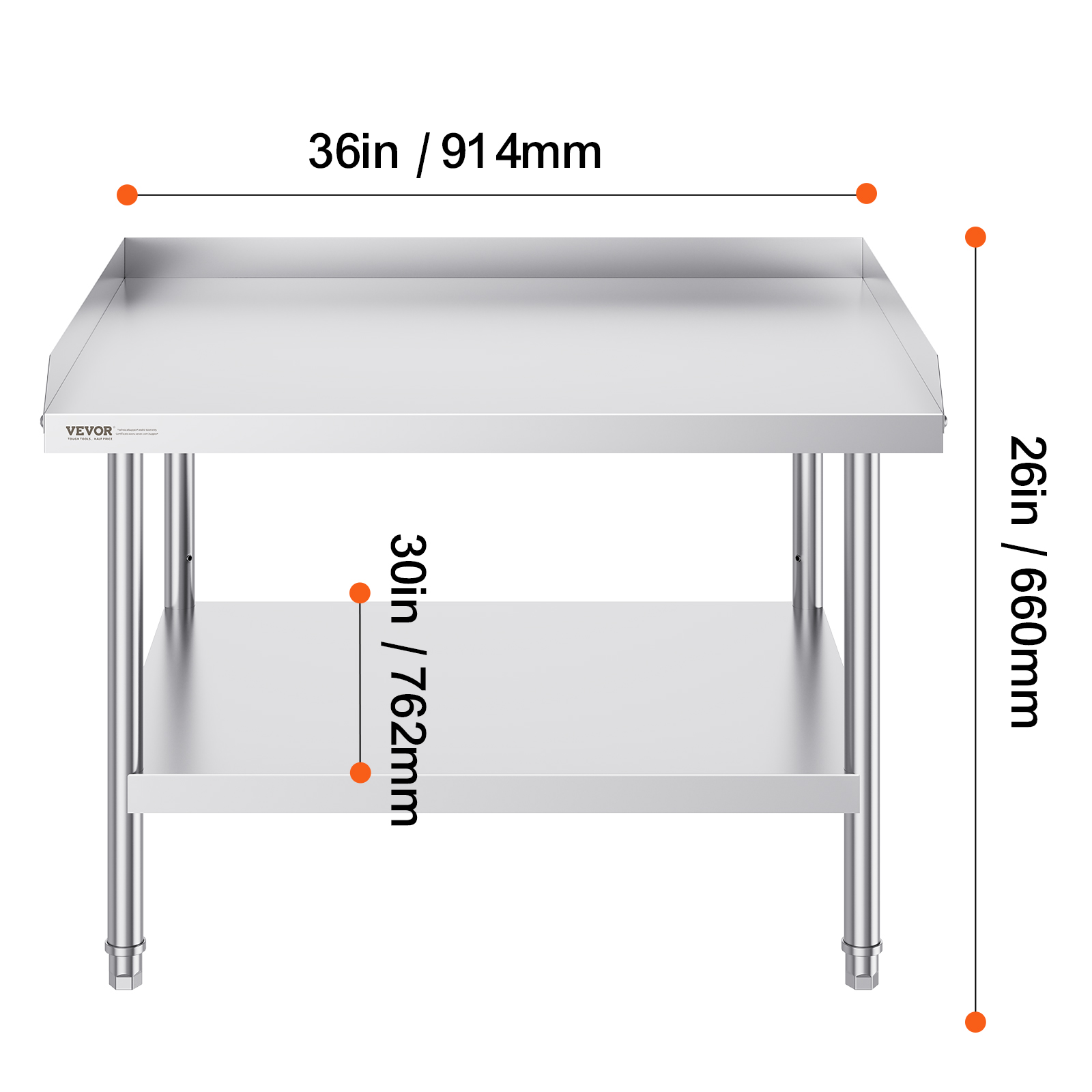 VEVOR Stainless Steel Work Table,30 x 36 x 26 Inch Commercial Food Prep Worktable,3-Sided Backsplash Heavy Duty Prep Worktable,Metal Work Table with Adjustable Height for Restaurant Home Hotel