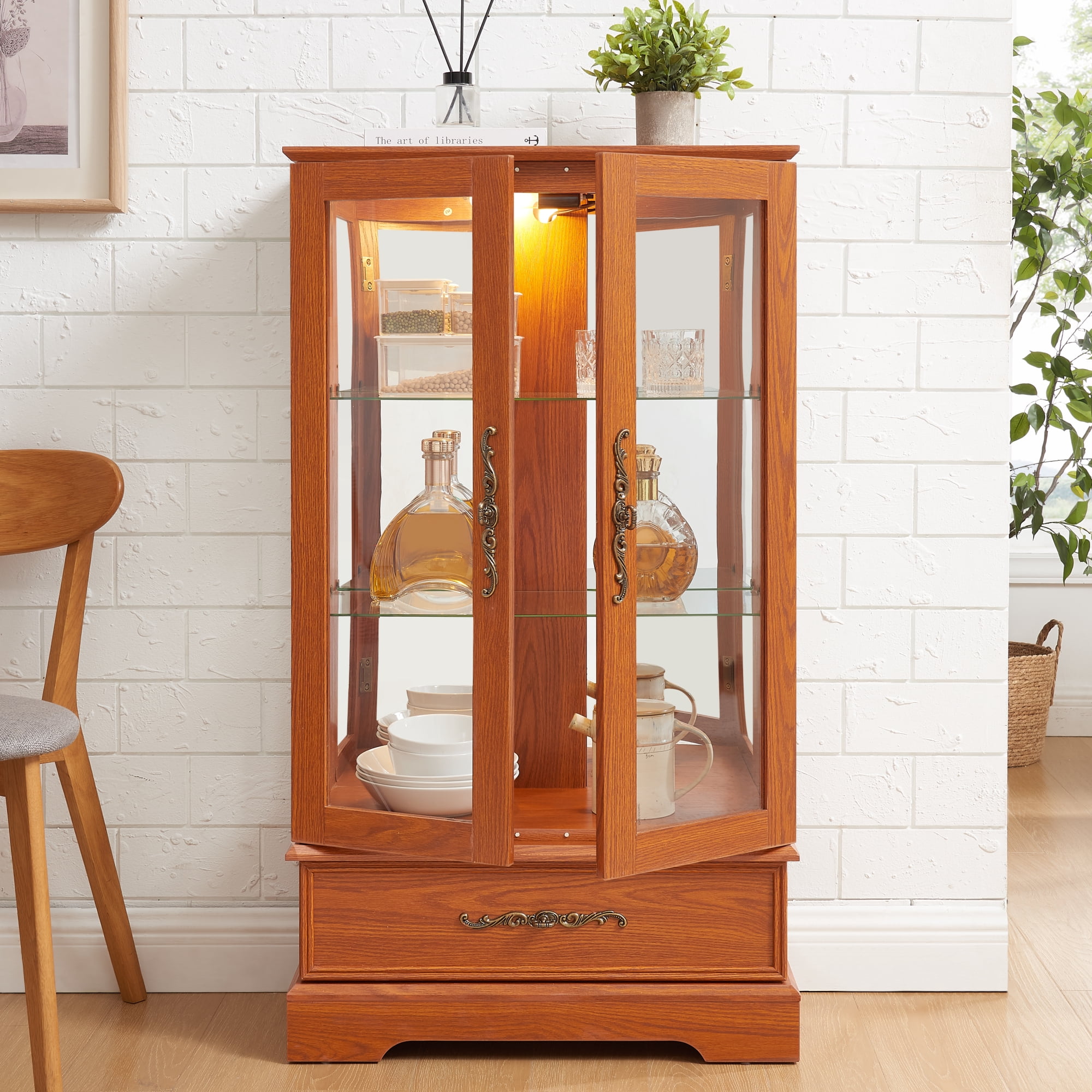 Leumius Glass Cabinet Lighted Glass Cabinet Curio Display Cabinet with Adjustable Glass Shelves 2 Doors and 1 Drawer for Living Room, Kitchen, Dining Room Dark Oak