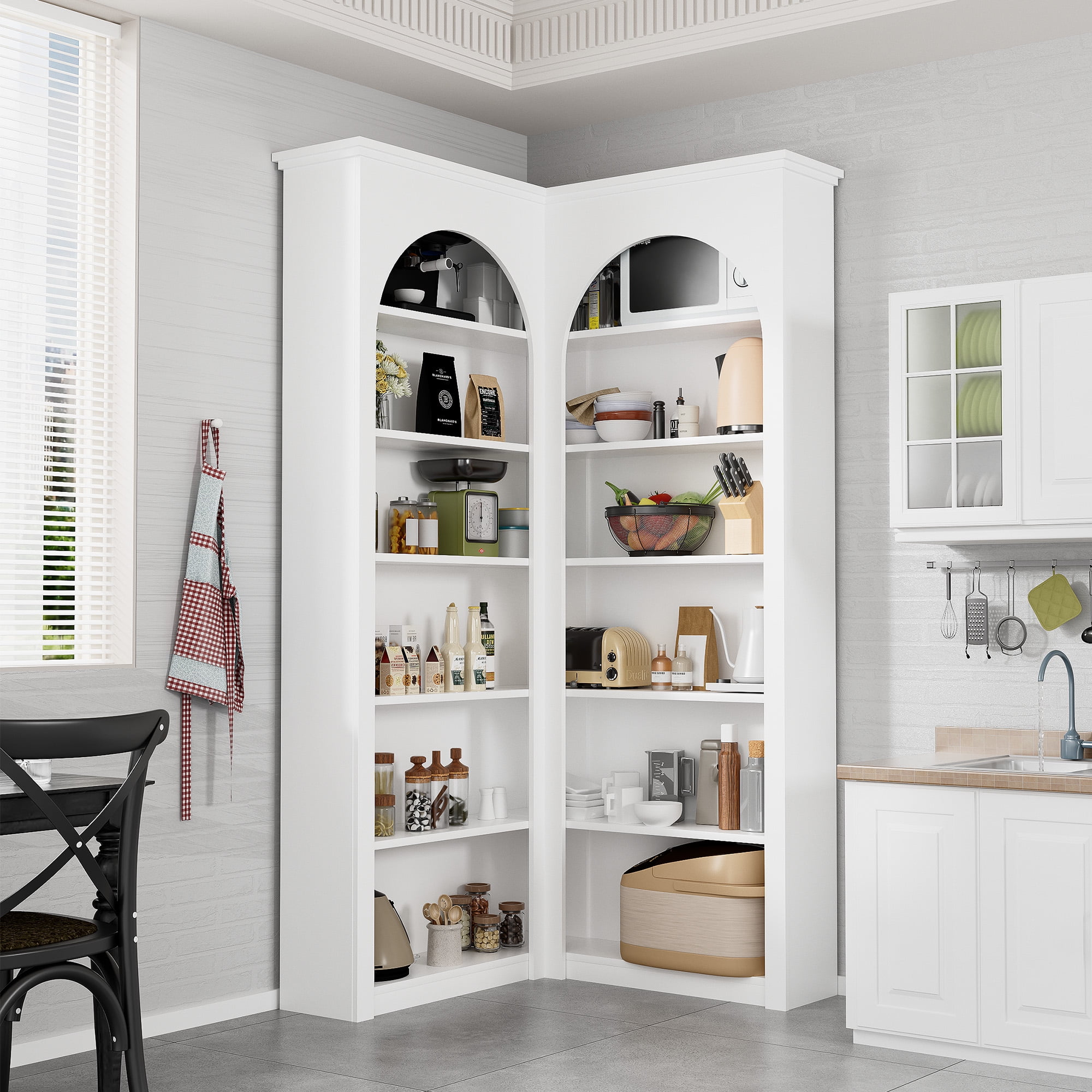 Modern 6 Tier Corner Bookcase, Arched Bookshelf Display Storage Cabinet, Home L-Shape Cabinet Living Room Furniture, White