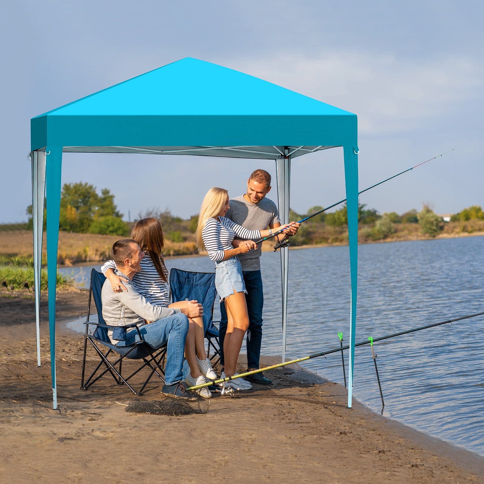 6.5x6.5Ft Two Doors & Two Windows Practical Waterproof Right-Angle Folding Tent Lake, Blue