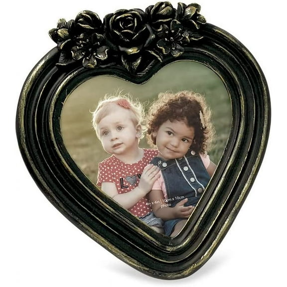Isaac Jacobs 4x4 Heart-Shaped Resin Picture Frame with Rose Design, Decorative Photo Frame, Tabletop & Wall Display, Hanging Display & Home Dcor Black With Gold