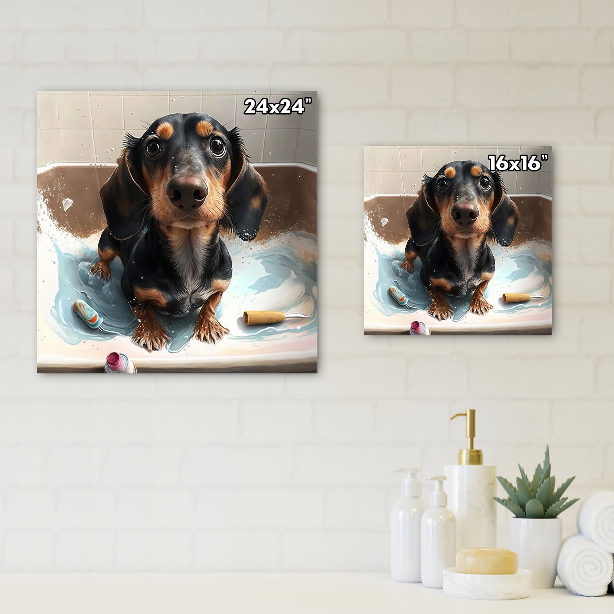 Designart Funny Black Daschund Dog Taking A Flower Bath I Canvas Wall Art