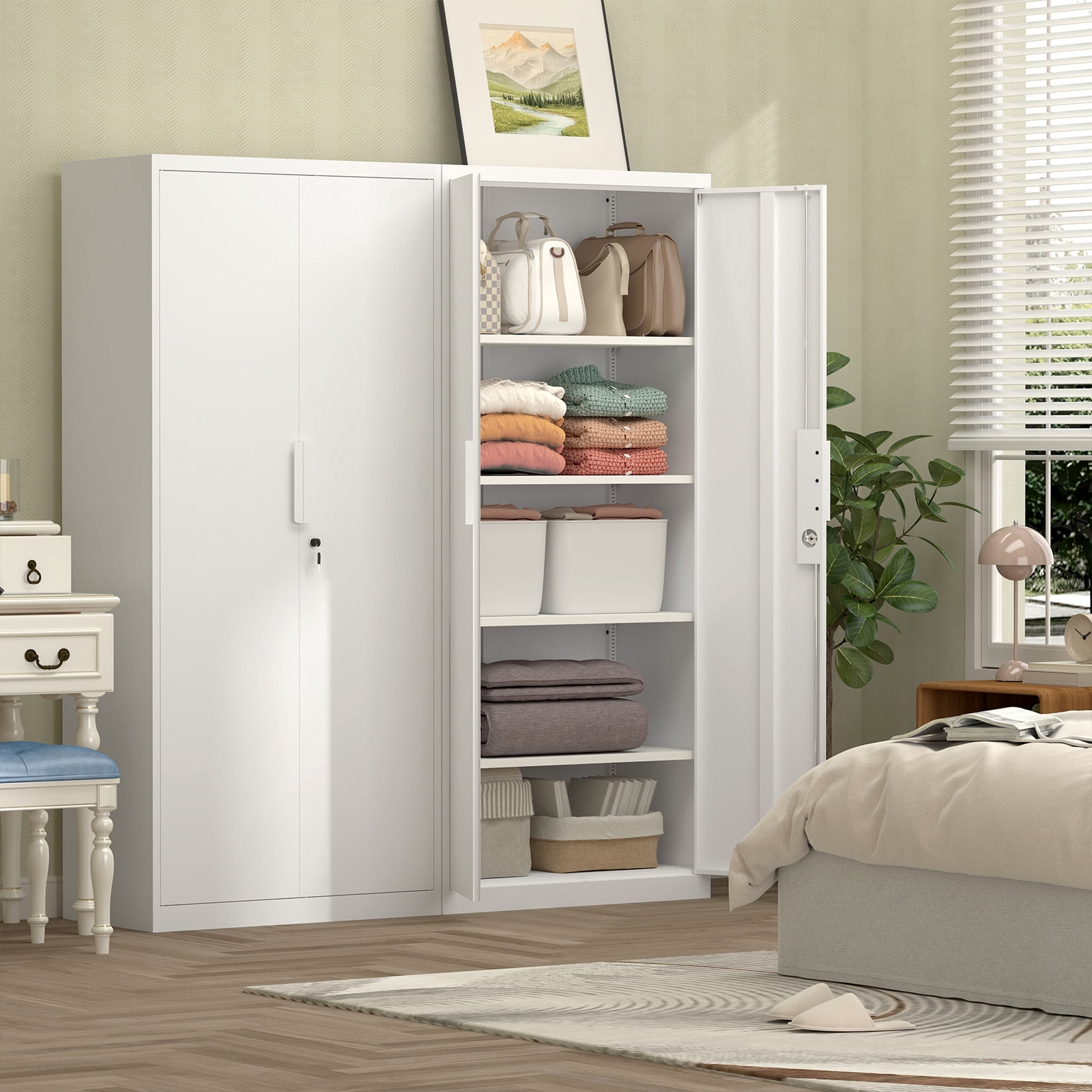 Marcree 71''H Metal Storage Cabinet for Garage, White Steel Cabinet with Doors and 4 Shelves,Tool Organizer for Garage Systems Storage Lockable File Storage for Home Office, Classroom