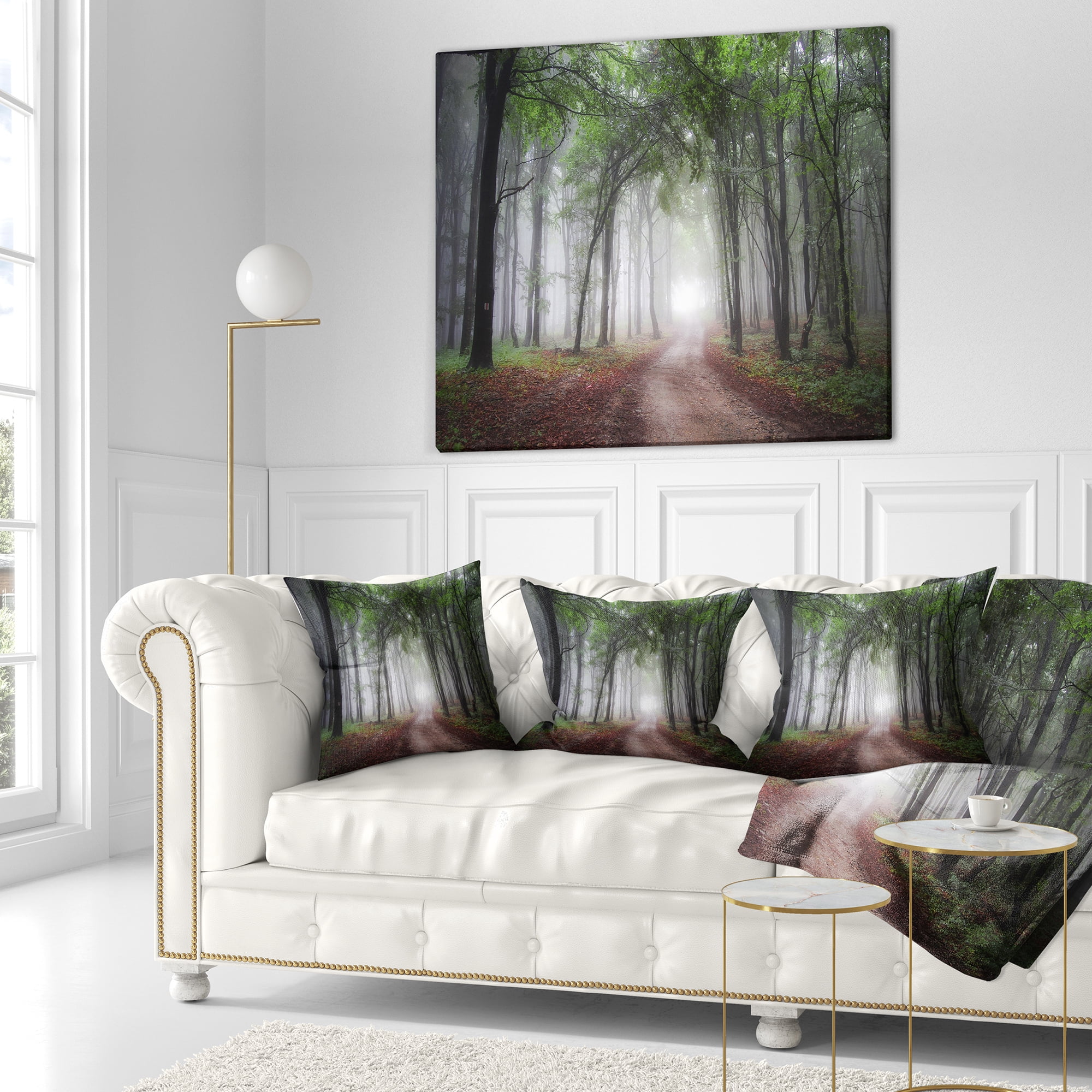Designart Light Through Green Fall Forest - Landscape Photography Throw Pillow - 18x18