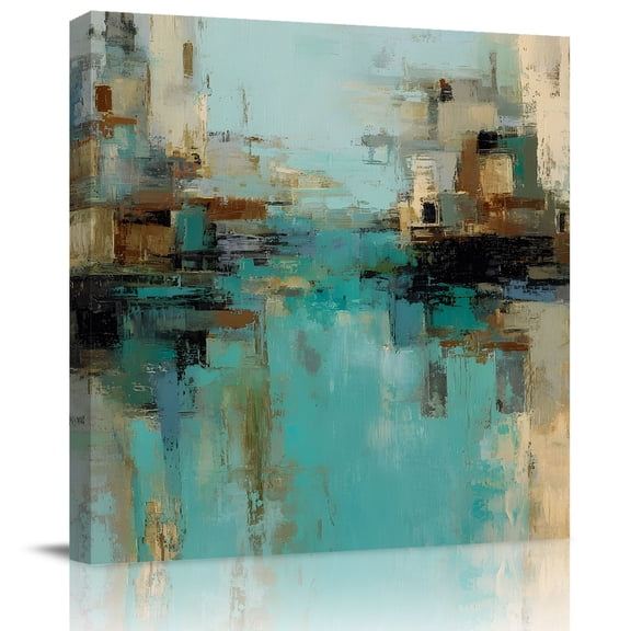 Wall Art Prints, Modern Abstract Framed Canvas Prints for Bedroom Living Room Bathroom Office, Country Color Blocks Teal Brown Gallery Wrap Wall Art Poster for Gifts Home Decor 28"x28"