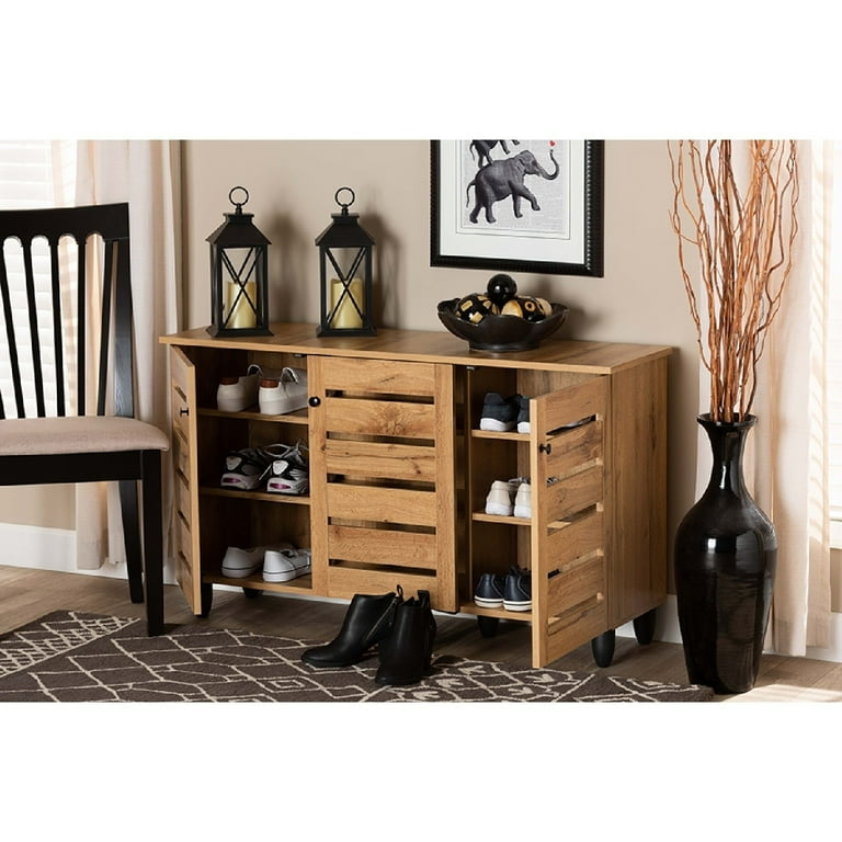 Baxton Studio Gisela Oak and Solid Brown Finished Wood 3 Door Shoe Storage Cabinet with Entryway Shelves Walmart