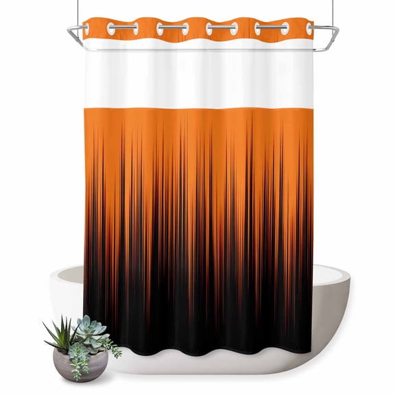 No Hook Shower Curtain, Burnt Orange Black Ombre Shower Curtains for Bathroom with See Through Top Window, Modern Abstract Striped Gradient Waterproof & Washable Bath Curtain Extra Long 72"x84"