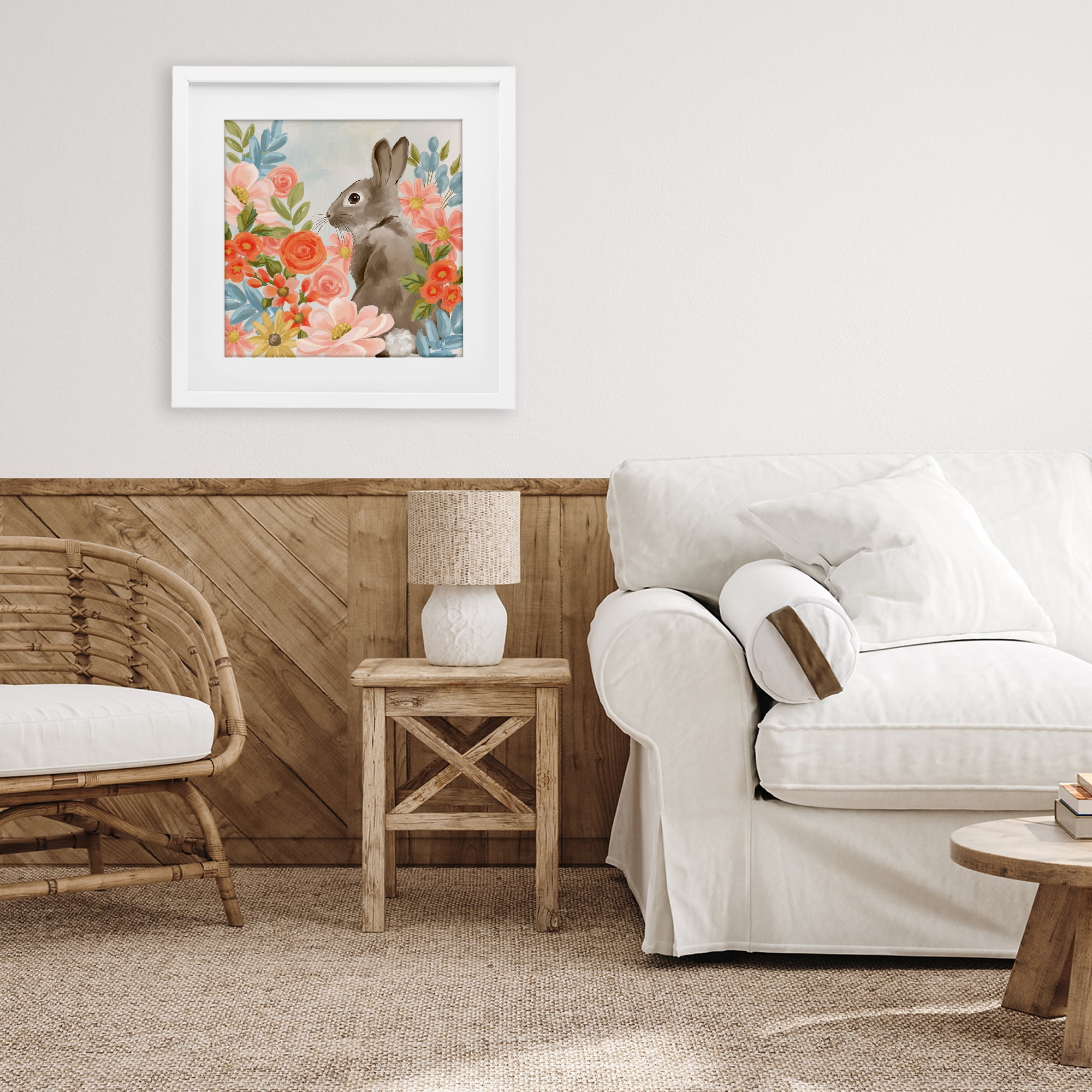 Stupell Industries Bunny In The Blooms White Framed Print Under Glass, design by Cat Thurman Designs