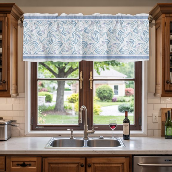 Valances for Windows,Watercolor Leaves Blue Stripes Kitchen Curtain Valance Short Rod Pocket Panels Farmhouse Style Small Window Treatment for Living Room Bedroom Bathroom,60"Wx18"L