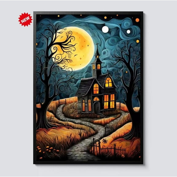 YaHaku The Haunted House Halloween Painting – Spooky Wall Art Print with Ghosts and Pumpkins, Vintage Gothic Haunted Home Decor