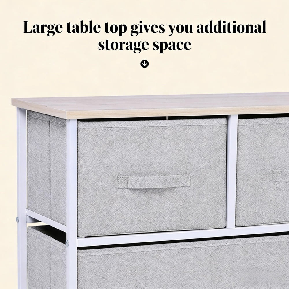 5 Drawer Fabric Storage Dresser Grey Non-Woven Drawers White Steel Frame Natural Wood Top Slim Chest Organizer for Bedroom Living Room Entryway