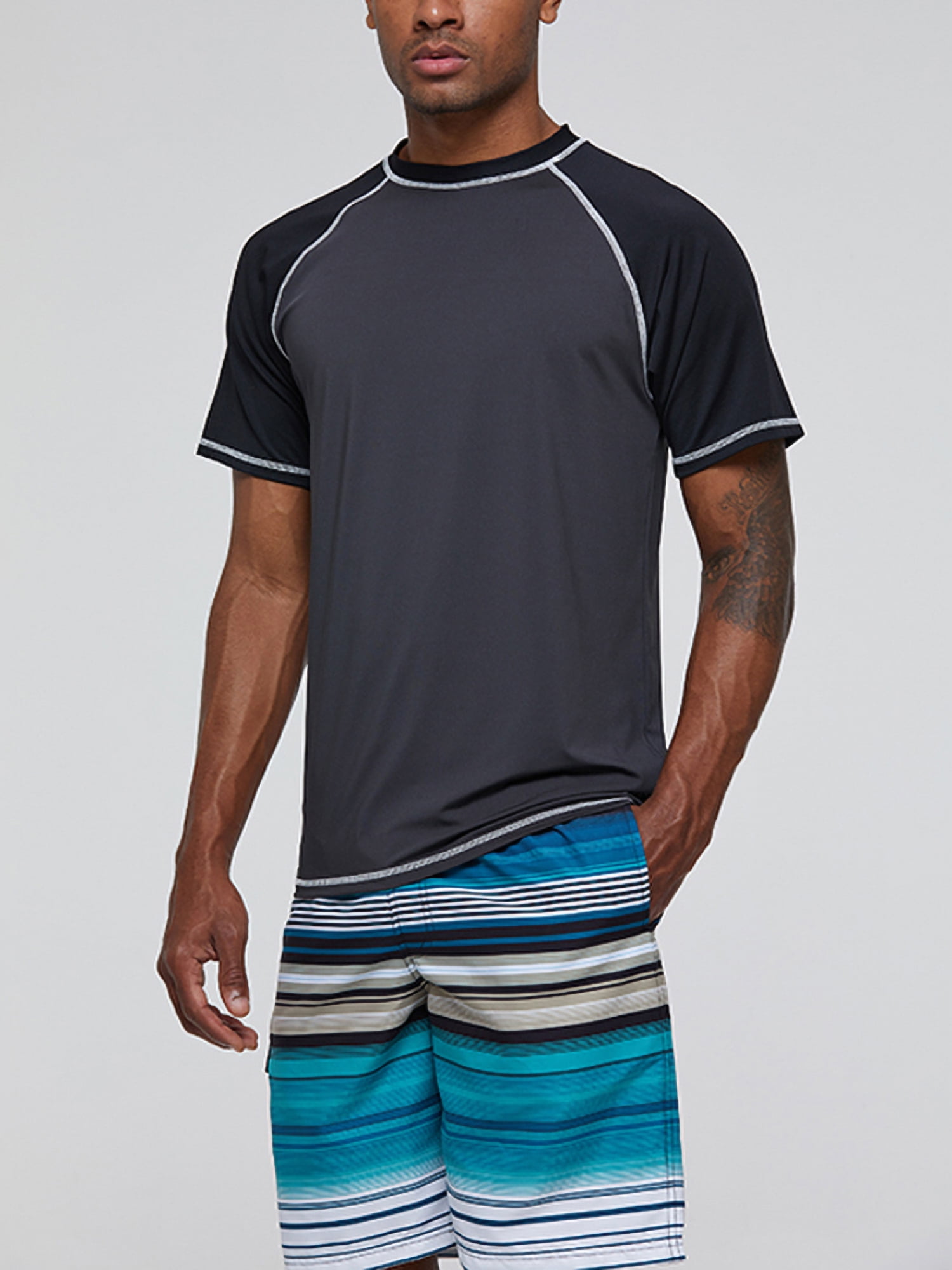 Men Short Sleeve Sun Shirts UV Surfing Scuba Swim Rash Guards Lycra Top Swimwear 