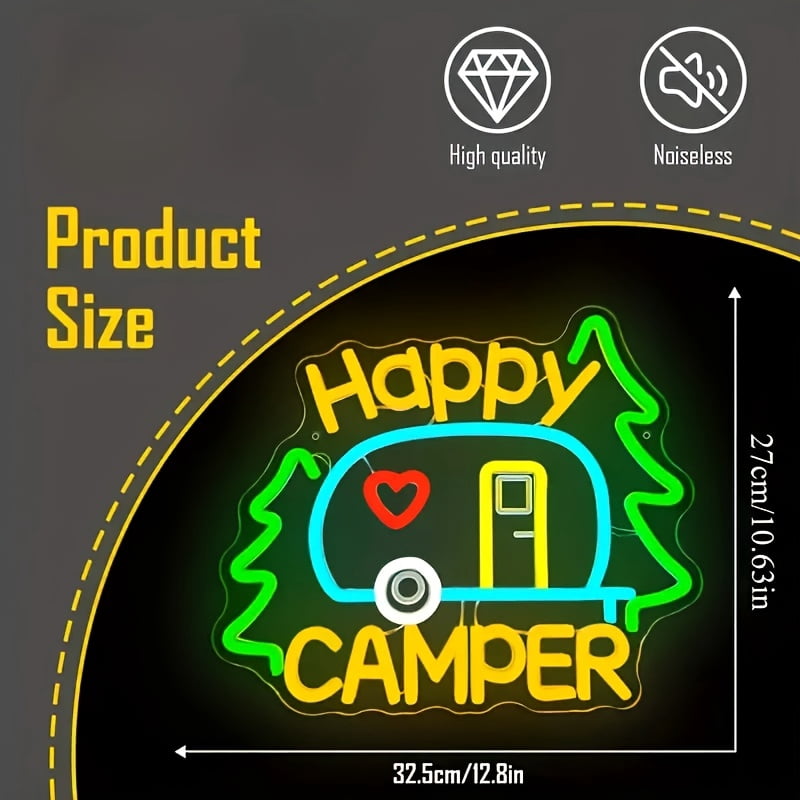 Happy Camper Neon Sign - USB-Powered LED Wall Decor With RV & Camping Elements, Multi-Color Lighting Display For Campsites, Gifts, And Camping Enthusiasts, Perfect For RVs And Camping Sites