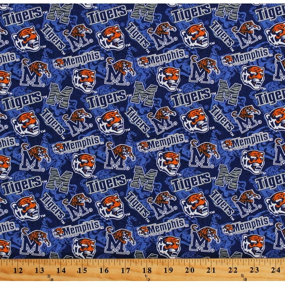 Cotton University of Memphis Tigers Logos Blue Tone on Tone College Sports Team Cotton Fabric Print by the Yard (1178-MEM)