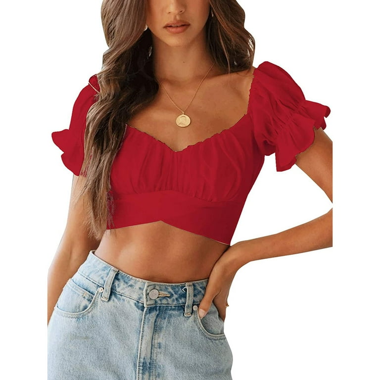 Entyinea Womens Summer Crop Tops Casual Solid Color Ruffle Short Sleeve  Shirts Red XL 