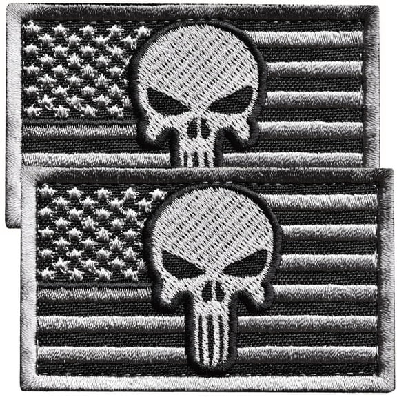 2-Pack Gray American Flag Skull Patch Set, USA Flag Patches