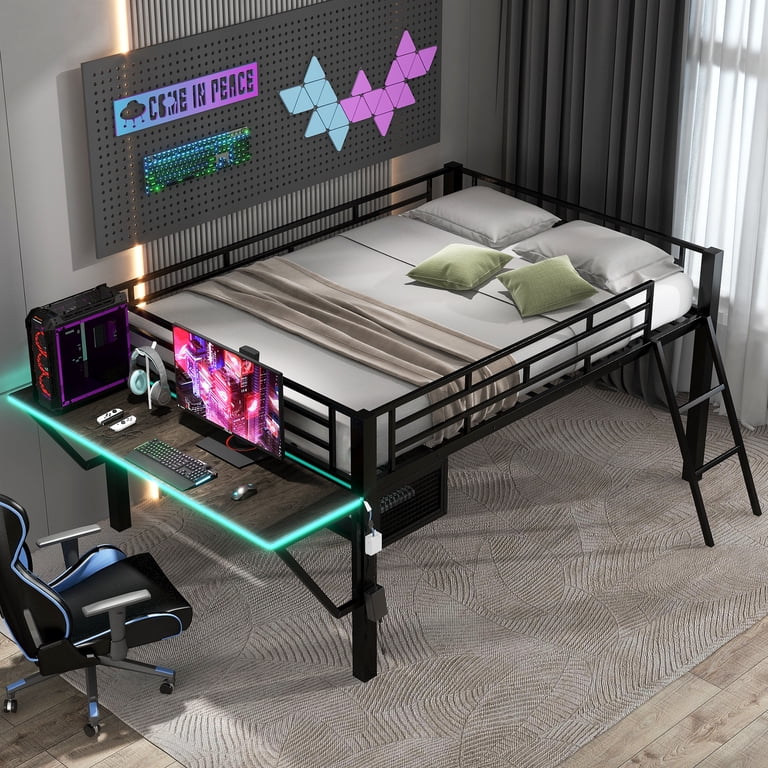 Euroco Full Loft Bed with Desk, LED Light and Storage, Black photo 3