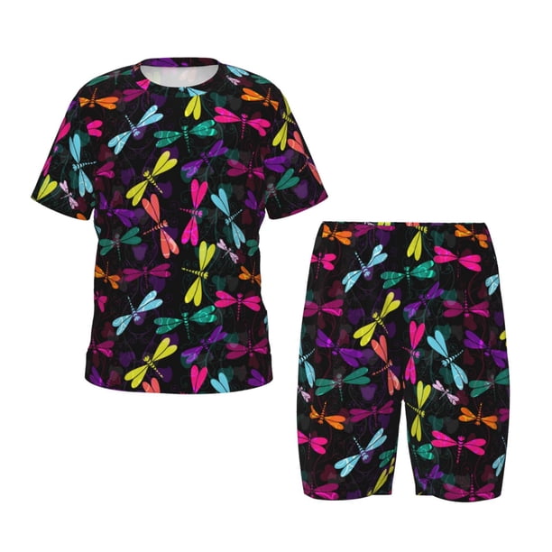 Balery Colorful Dragonflies Conjunto de Pijama Infantil de Manga Corta con Estampado – Ropa de Dormir de Algodón Suave-Small