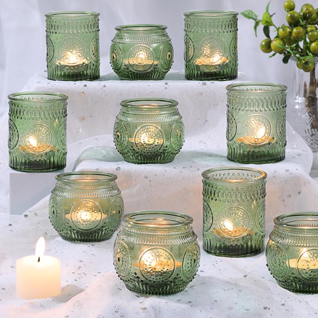 Juego de 12 portavelas Votive de cristal verde DARJEN
