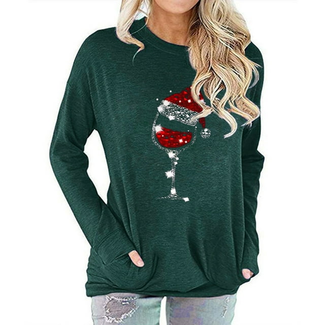 Camiseta de mujer Patrón de sombrero de Navidad Manga de hombro caído Cuello redondo Top informal con bolsillo Verde L