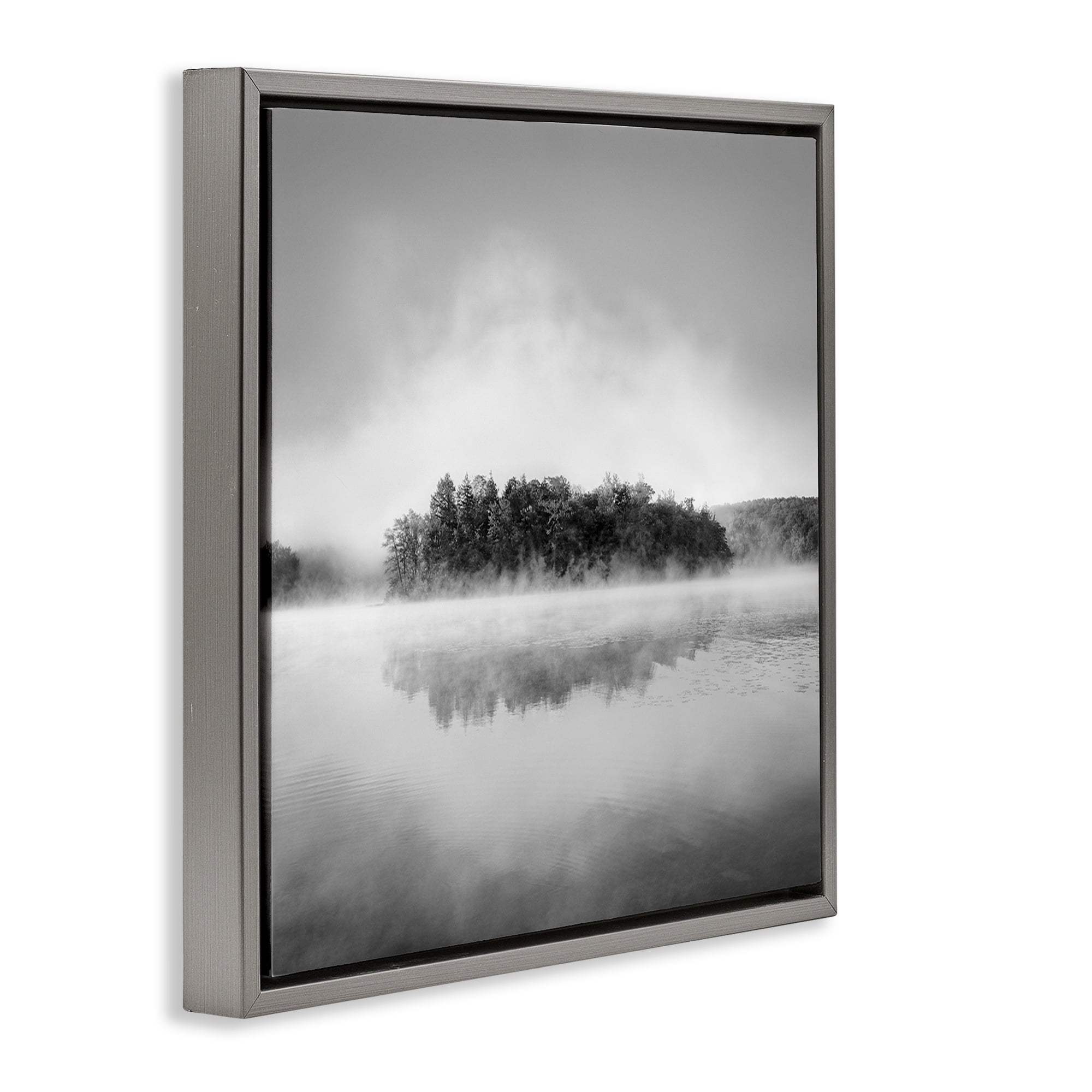 Stupell Industries Lake with Distant Island Landscape & Nature Photography Gray Floater Framed Canvas Art Print Wall Art, 25 x 25