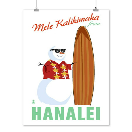 Hanalei Bay, Kauai, Hawaii - Mele Kalikimaka - Snowman & Surfboard - Lantern Press Artwork (9x12 Art Print, Wall Decor Travel