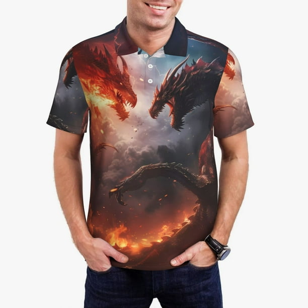 Balery Fire Sky Dragon Camisa Polo de Hombre con Estampado, de Manga Corta y Tejido Medio, Camisa Tipo Golf Polo-X-Large
