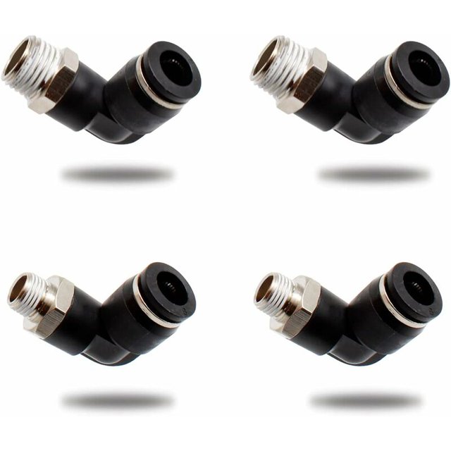 4 conectores neumáticos, dos modelos diferentes (8 mm × 1/4" y 8 mm × 1/8"), accesorios rápidos de rosca macho, conector neumático de codo negro, adecuado para herramientas de bricolaje