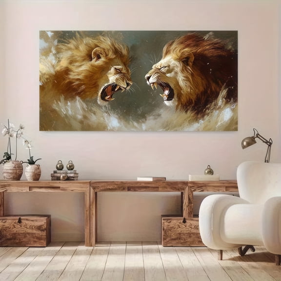 Framed Canvas Wall Art 48x24 Inch Two Roaring Lions Facing Each Other Dramatic Wildlife Painting Modern Home Decor for Living Room Office