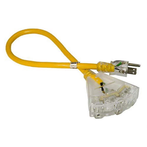 2-ft 12/3 Heavy Duty 3-Outlet Lighted SJTW Indoor/Outdoor Extension Cord by Watts Wire - Short Yellow 2 12-Gauge Grounded 15-Amp Three-Prong Power-Cor