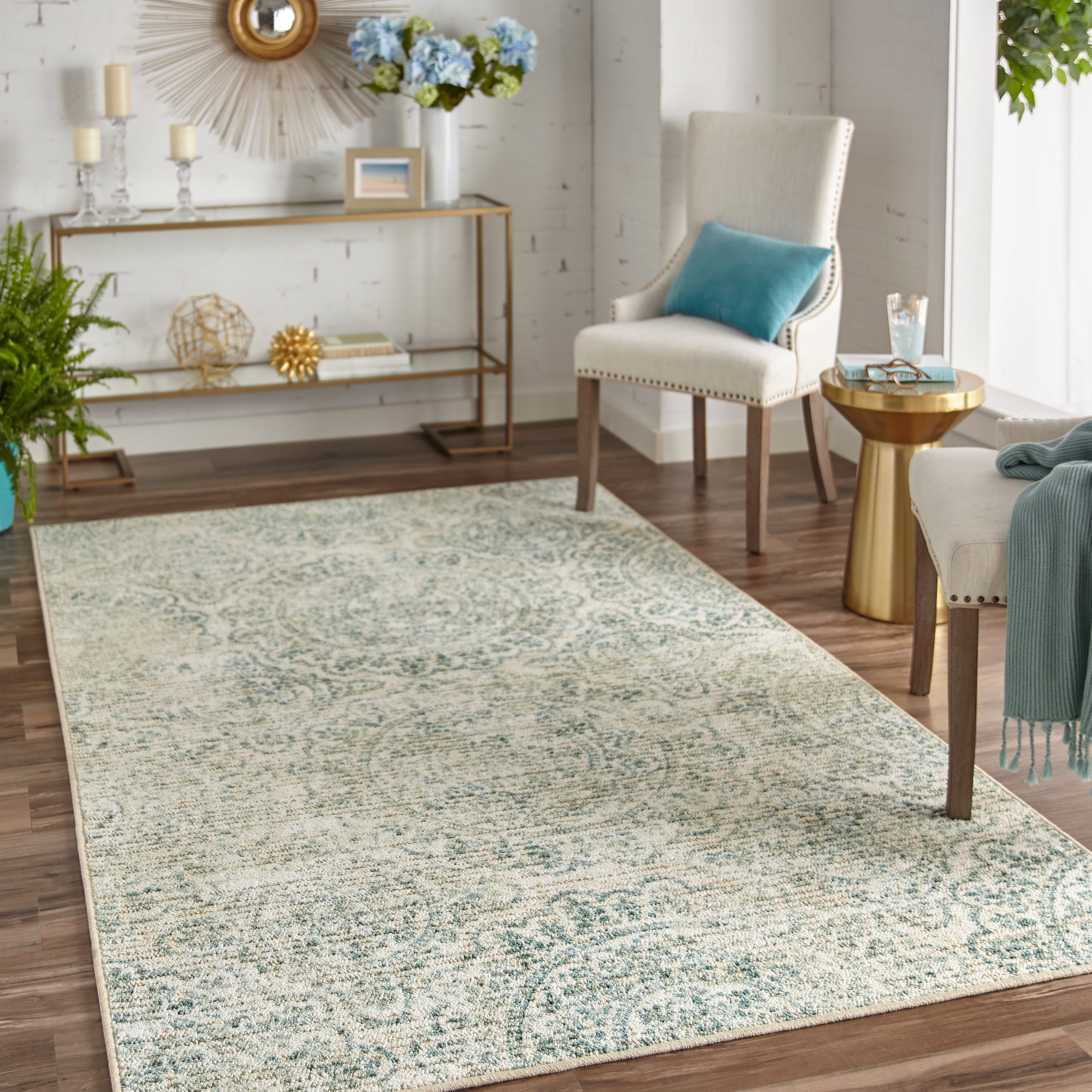 Modern Rug Floral Waves Pattern Cream Teal Carpets Small Large Living room Mats 