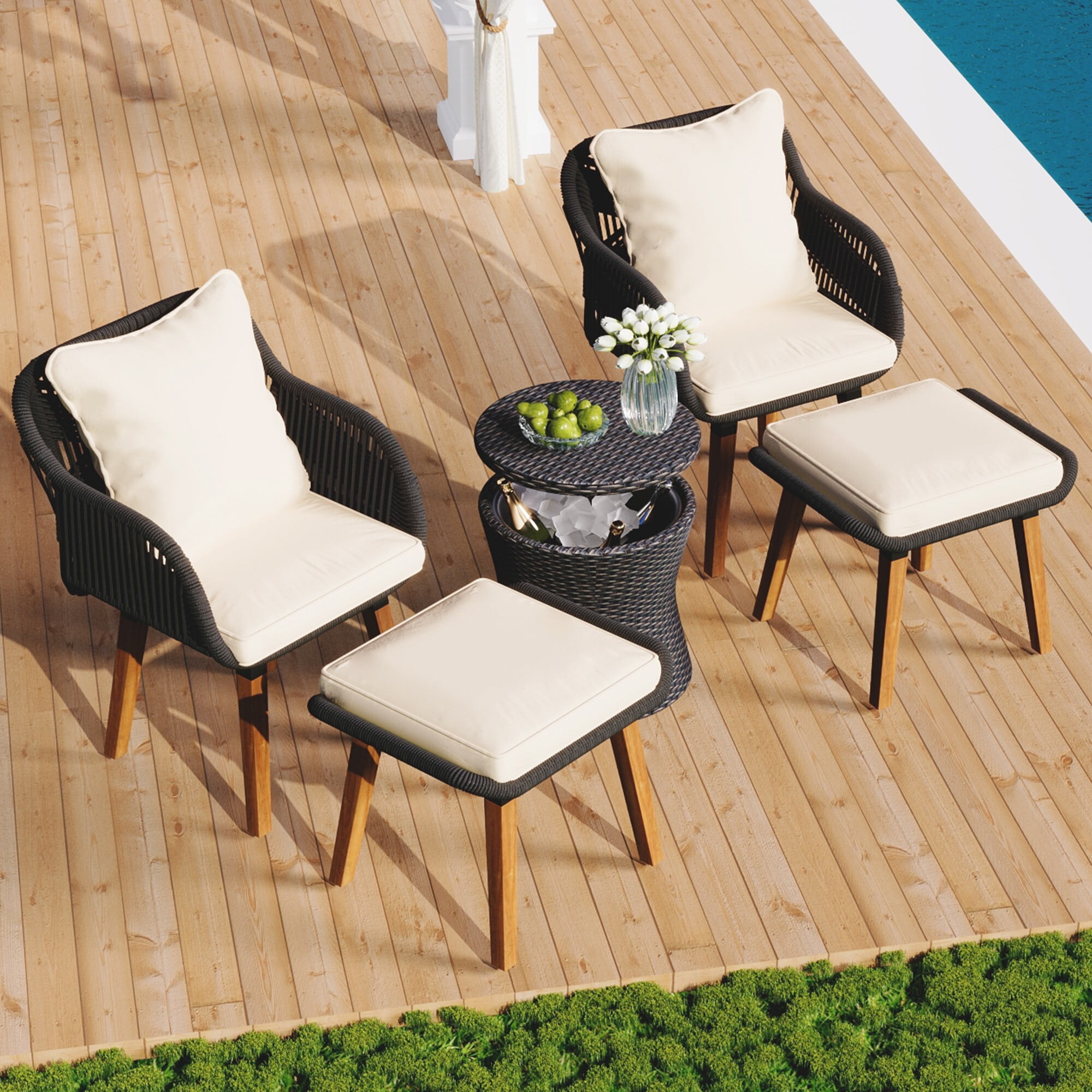 AENKYO 5-Piece Outdoor Rope Woven Patio Conversation Set with Pop-Up Cooler Bar Table, Black Rope with Off-White Cushions