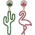 thumbnail image 1 of Pendientes asimétricos colgantes con diseño de flamenco y cactus con diamantes de imitación huecos, joyería para mujeres, hombres, niñas y niños., 1 of 5